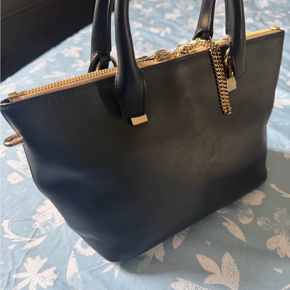 Chloe Black Leather Crossbody Tote with Gold Hardware